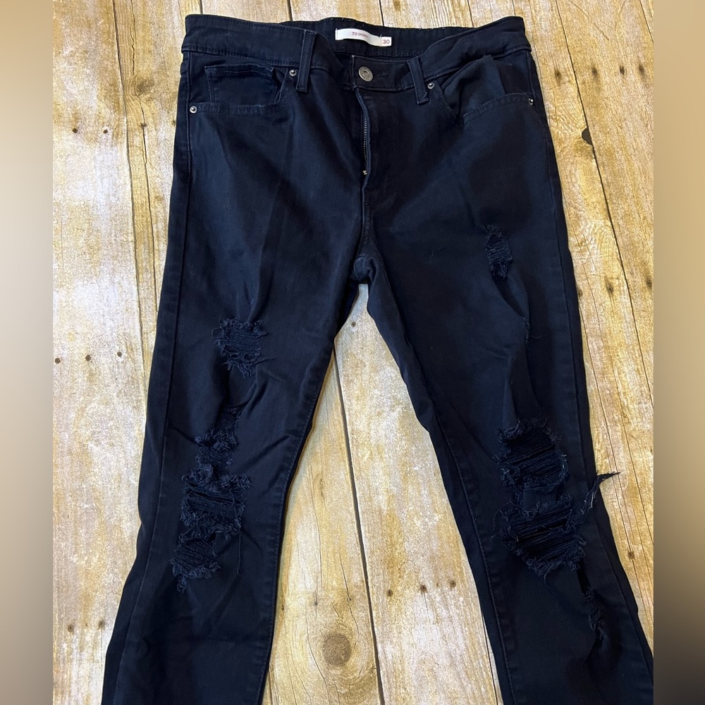 Levi 711 Black Destructed Skinny Jeans